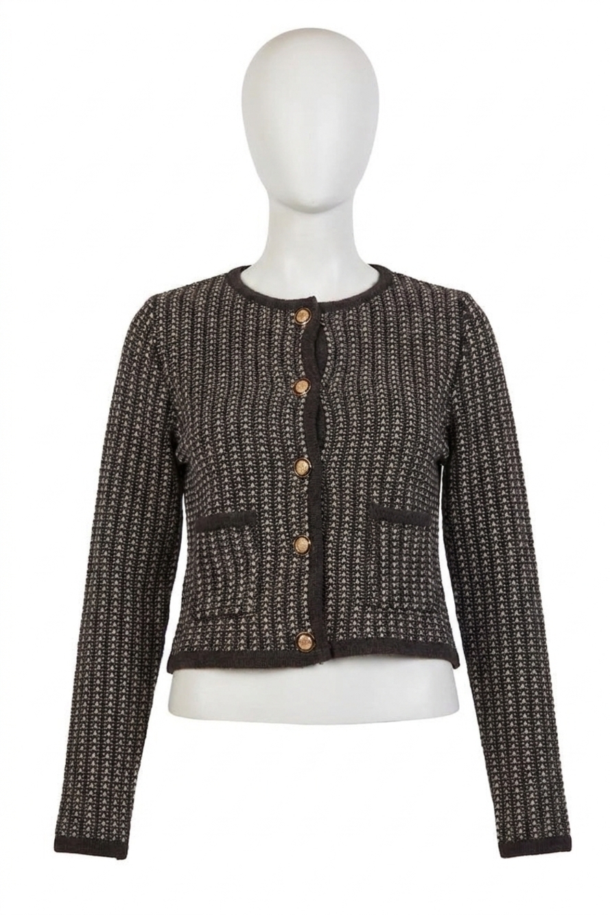 NEW THEO THE LABEL tweed button cardigan in charcoal